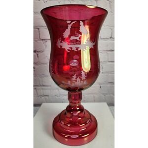 Antique Egermann Candle Holder Vase  Bohemian Ruby Red Cut to Clear Deer Chalet
